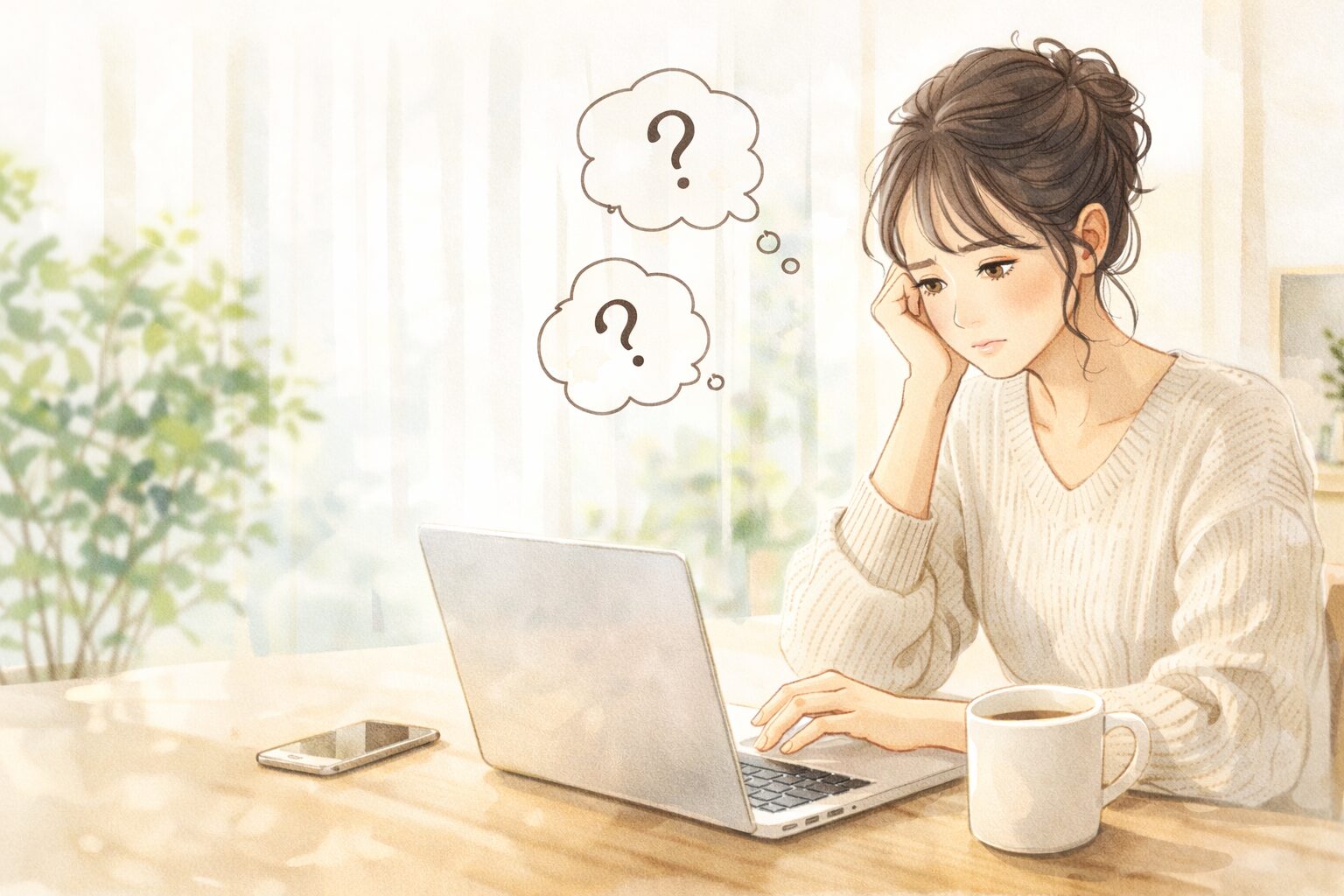 自宅のダイニングテーブルでノートパソコンを前に悩んでいる30代〜50代の女性。
