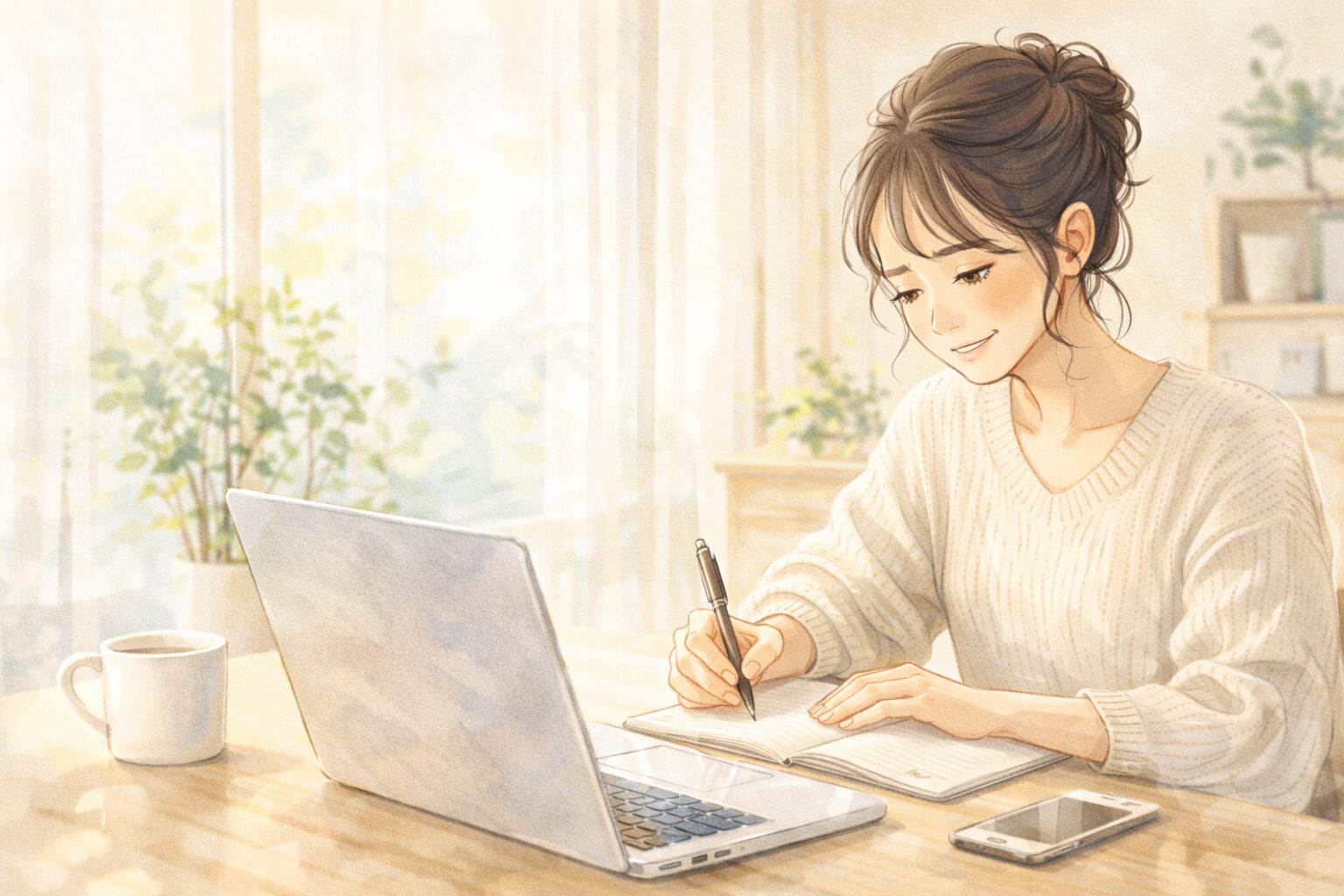 ノートにメモを書きながらノートパソコンで作業を始める女性。前向きな表情、朝の明るい光、シンプルで清潔感のある部屋。