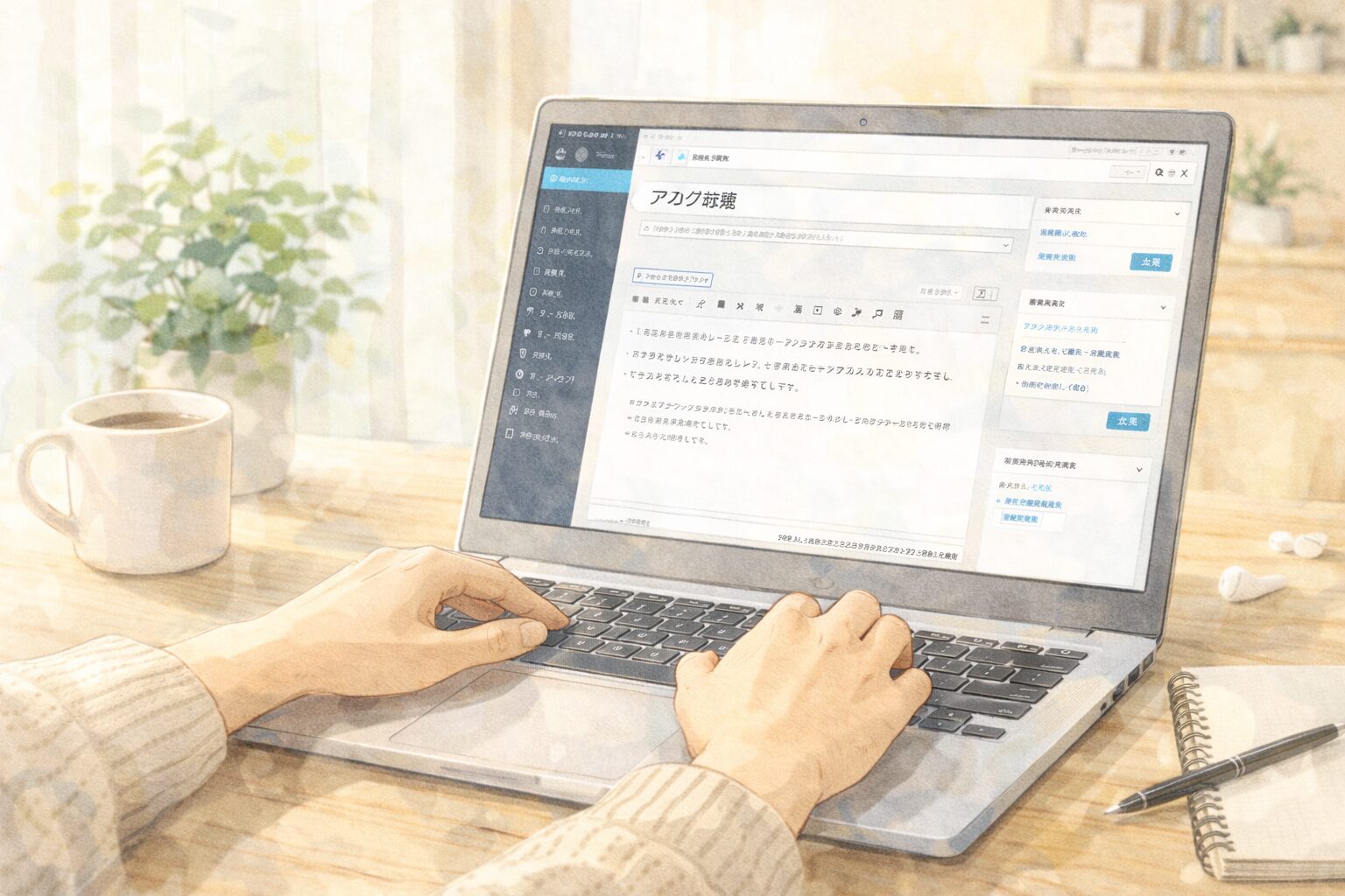 ノートパソコンの画面にブログ画面（シンプルなWordPress風）が表示されている様子。