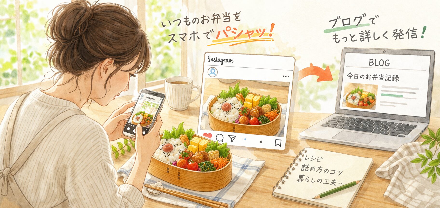 曲げわっぱ弁当をスマートフォンで撮影している女性。キッチンまたはダイニングで明るい自然光。