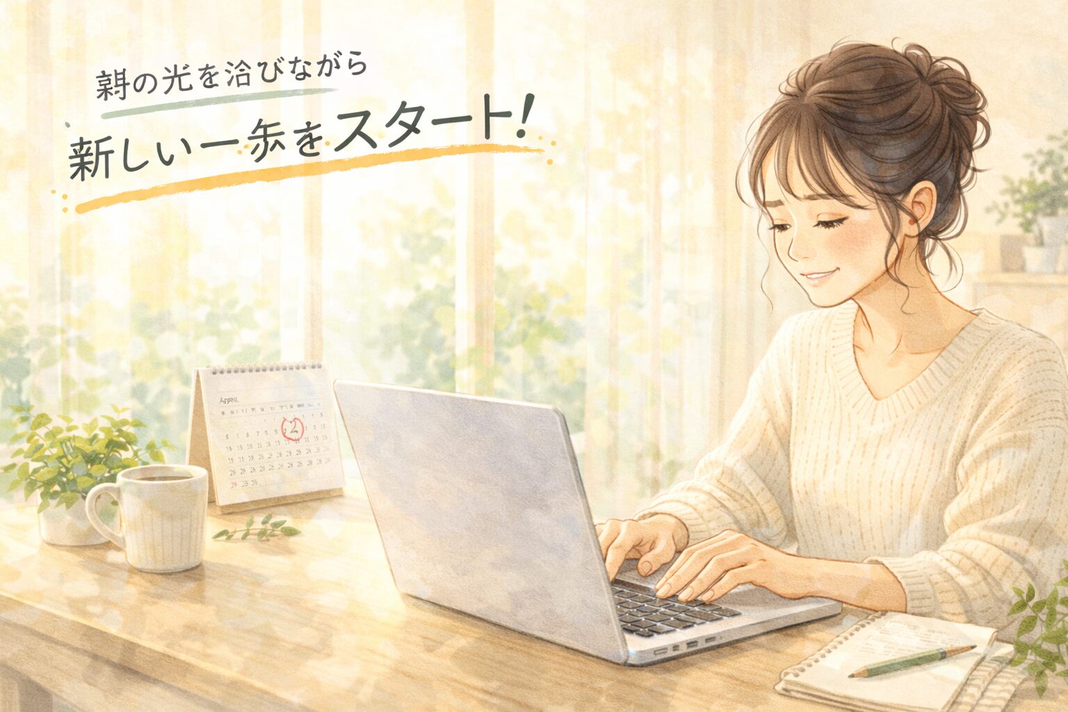 朝の光が差し込む部屋でノートパソコンを開いて新しいことを始めようとしている女性。