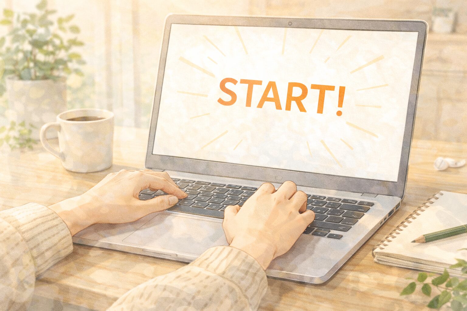 ノートパソコンのキーボードを操作する手元のアップ。画面は明るく、これから始めるイメージ。