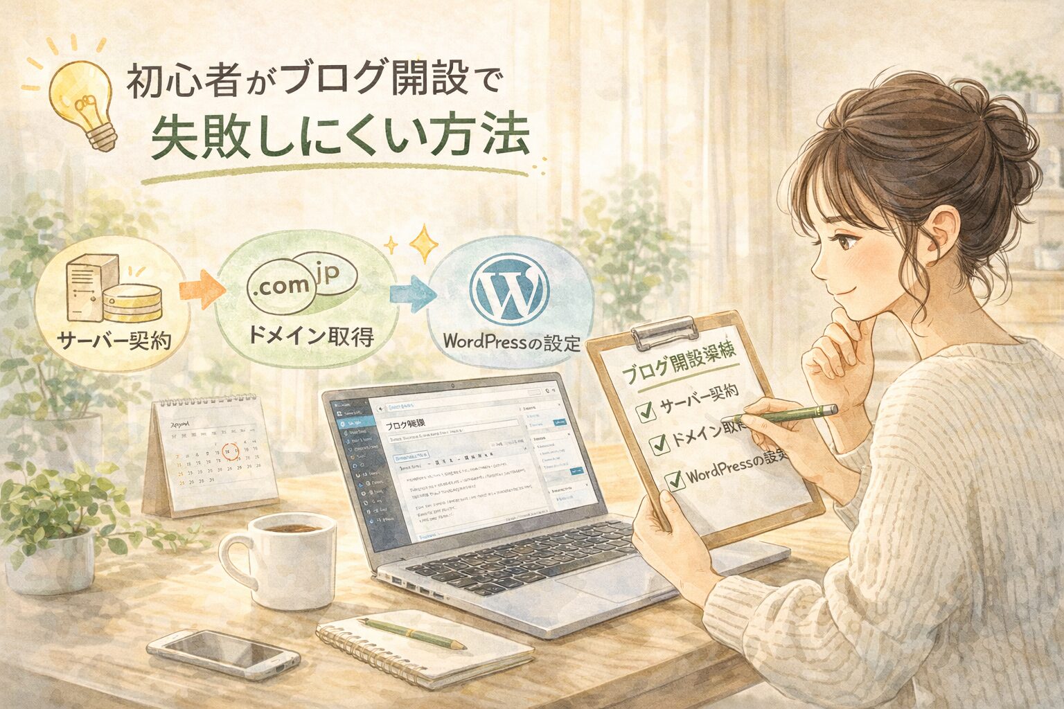 初心者がブログ開設で失敗しにくい方法をイメージした、サーバー契約・ドメイン取得・WordPress設定の流れが分かるイラスト