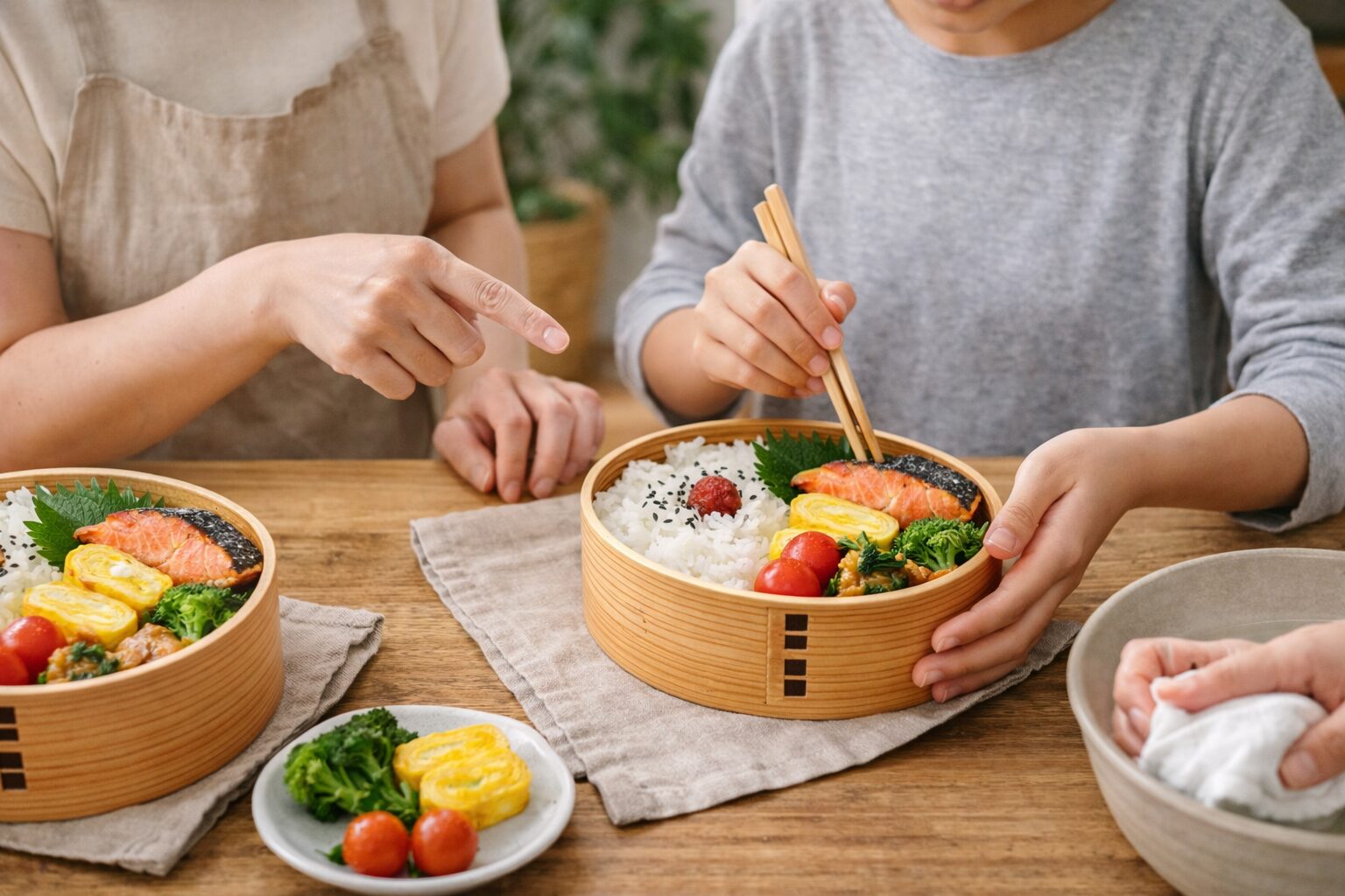 曲げわっぱ弁当 初心者｜鮭や卵焼きを詰めながら作り方を学ぶやさしい雰囲気のイメージ
