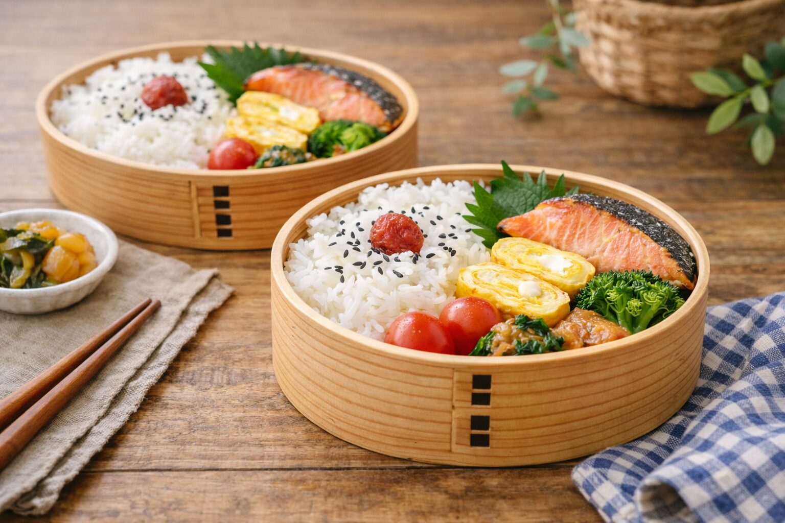 曲げわっぱ弁当 初心者｜小判型の弁当箱に鮭や卵焼きを詰めた見た目も美味しいお弁当のイメージ