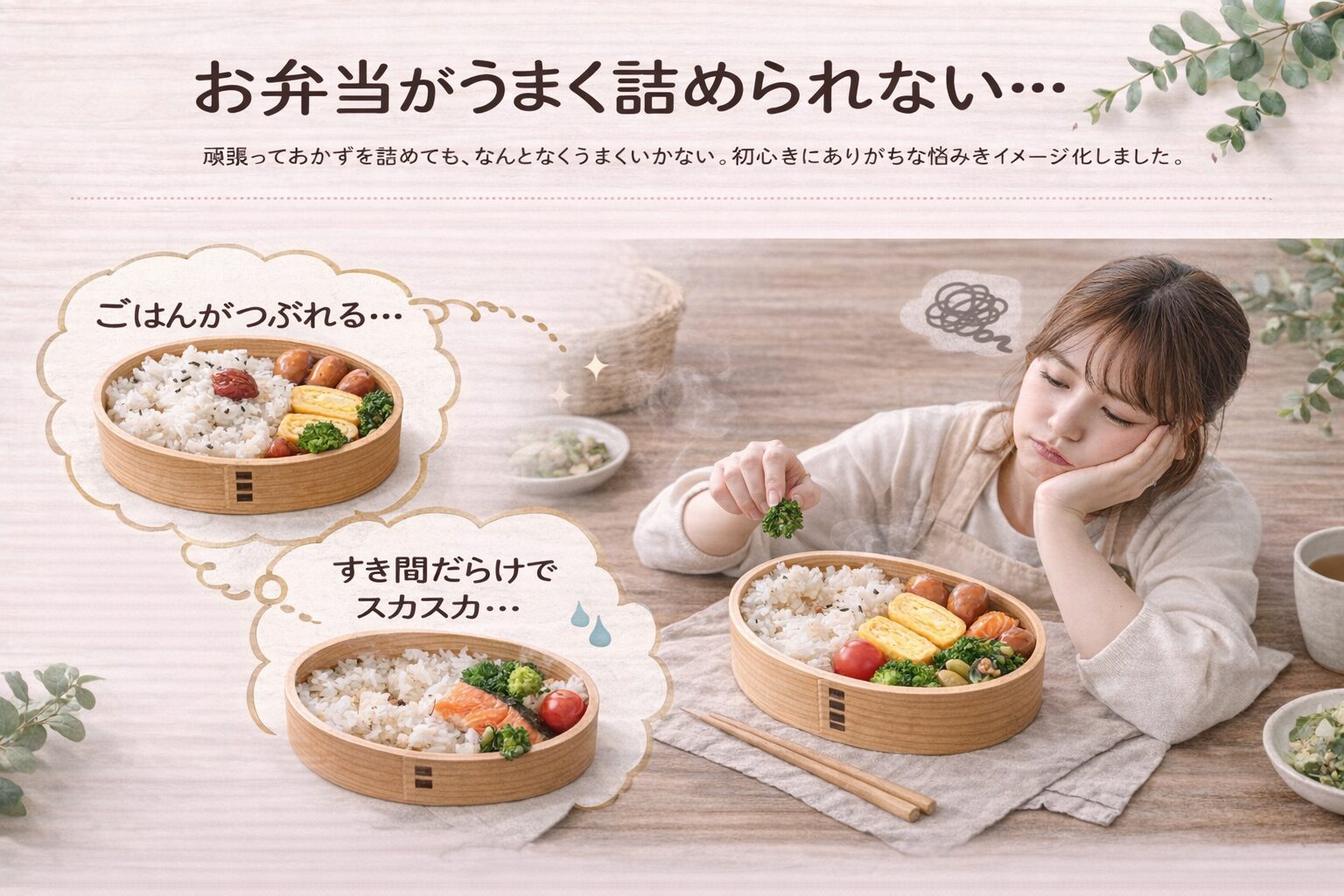 曲げわっぱ弁当 詰め方 初心者｜おかずがうまく配置できず悩む様子と詰め方の失敗例を表したイメージ画像