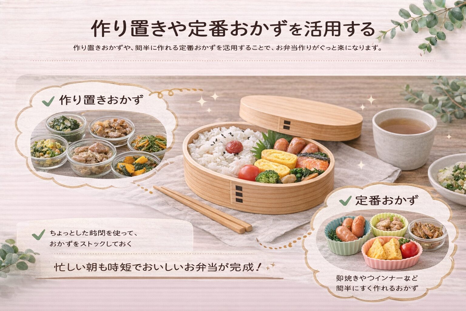 曲げわっぱ弁当 初心者｜作り置きおかずや定番おかずを活用して簡単にお弁当を作るイメージ画像