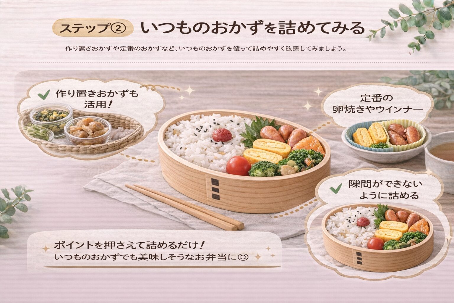 曲げわっぱ弁当 詰め方 初心者｜いつものおかずを使って簡単にバランスよく詰める手順を解説したイメージ画像