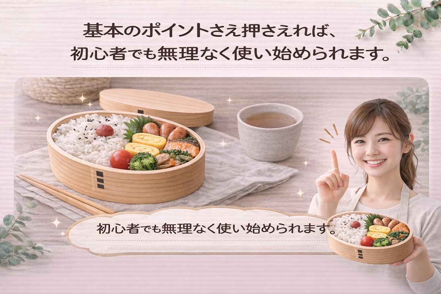曲げわっぱ弁当 初心者｜基本のポイントを押さえれば無理なく使い始められることを伝えるイメージ画像