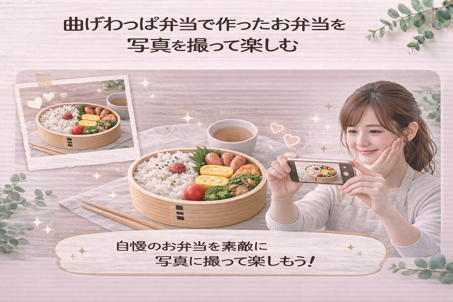 曲げわっぱ弁当 写真 初心者｜作ったお弁当をスマホで撮影して楽しむ様子を表したイメージ画像