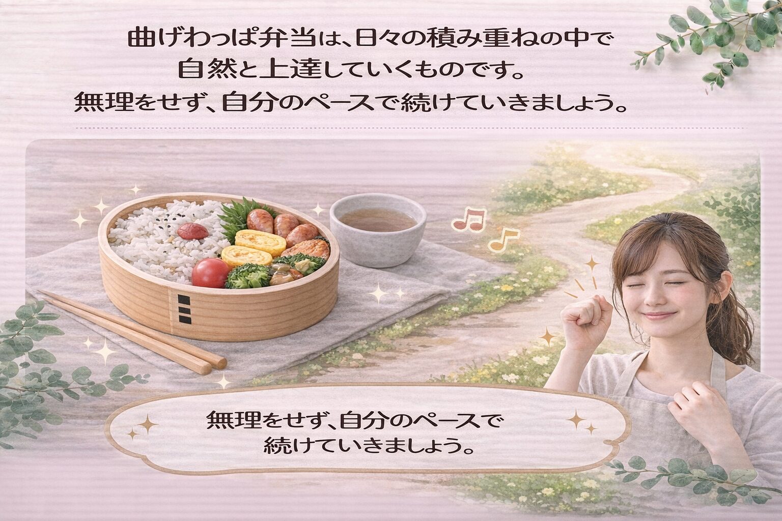 曲げわっぱ弁当 初心者｜無理せず自分のペースで続けることで上達していく様子を表したイメージ画像