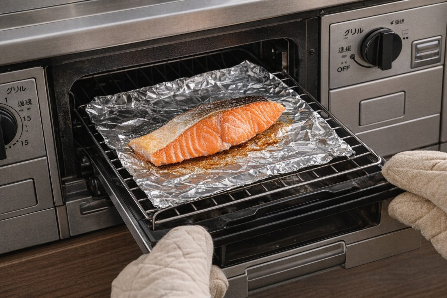 ガスレンジのグリルで鮭をアルミホイルにのせて焼いている様子｜初心者でも簡単な塩焼き調理方法