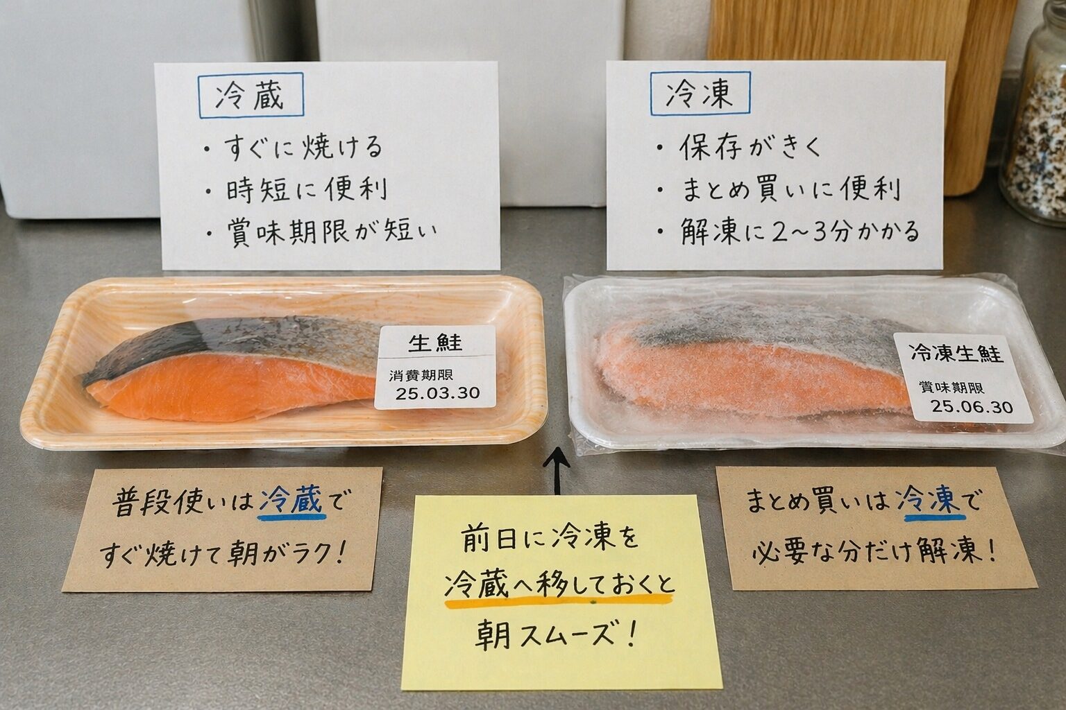 冷蔵と冷凍の鮭の違いと使い分けを比較した図解｜保存性と時短のメリット・デメリット