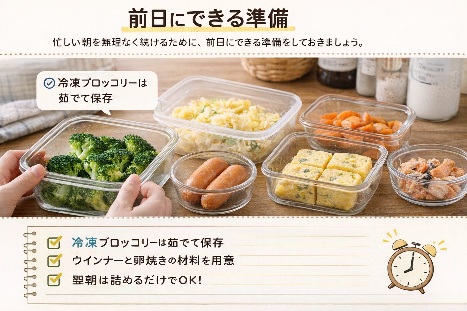 前日に準備した弁当食材の保存容器｜ブロッコリーや卵焼きなど朝の時短につながる下ごしらえ
