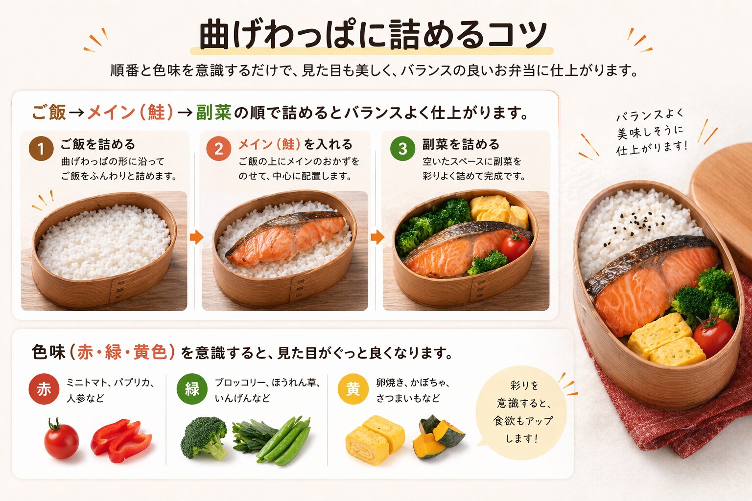 曲げわっぱ弁当の詰め方手順と彩りのコツを解説する画像｜ご飯・鮭・副菜の順でバランスよく配置する方法