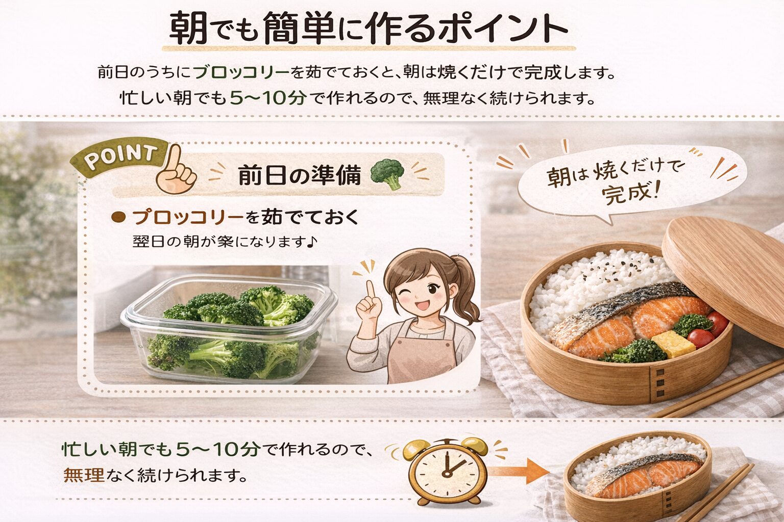 前日にブロッコリーを準備して朝は焼くだけで完成する弁当作りの時短ポイントを解説する画像