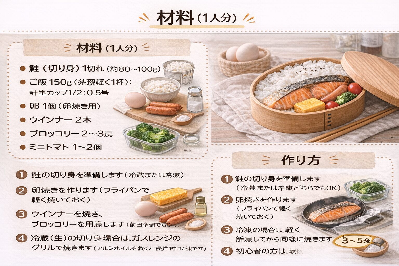 alt="鮭弁当1人分の材料（鮭・卵・ウインナー・ブロッコリー・ミニトマト・梅干し）"