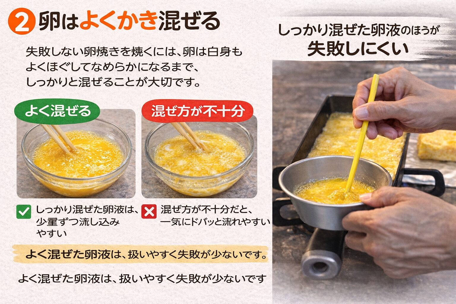 alt="卵をしっかりかき混ぜている様子｜白身をほぐす基本工程"