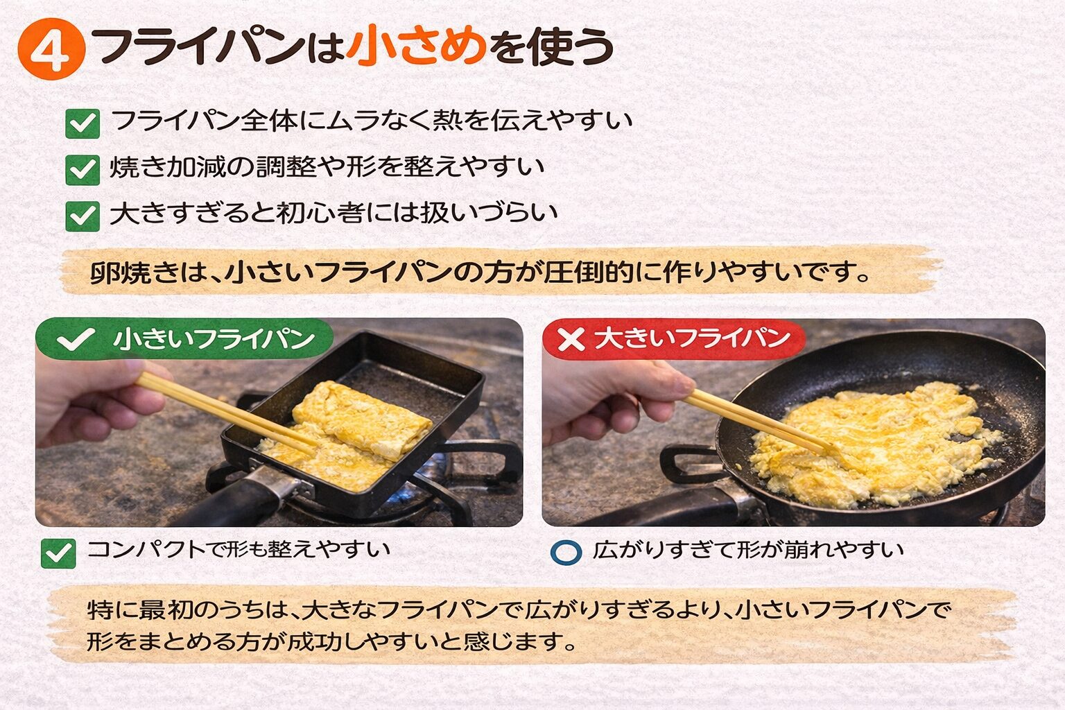 小さいフライパンと大きいフライパンの比較｜卵焼きは小さめのフライパンの方が形を整えやすく初心者向き