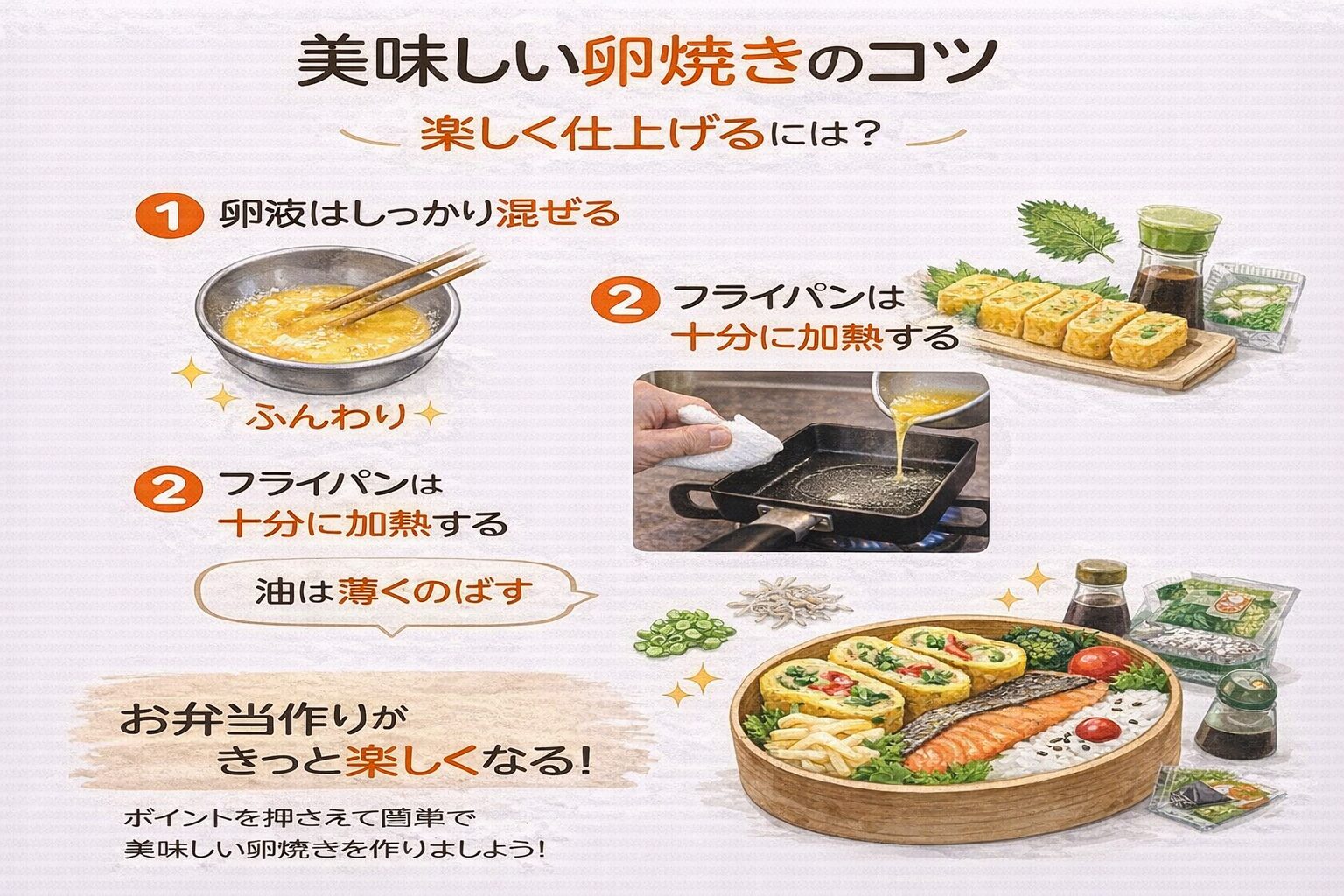 卵焼きの基本ポイントまとめ｜混ぜ方・加熱・油の使い方とアレンジ例を分かりやすく解説したイメージ