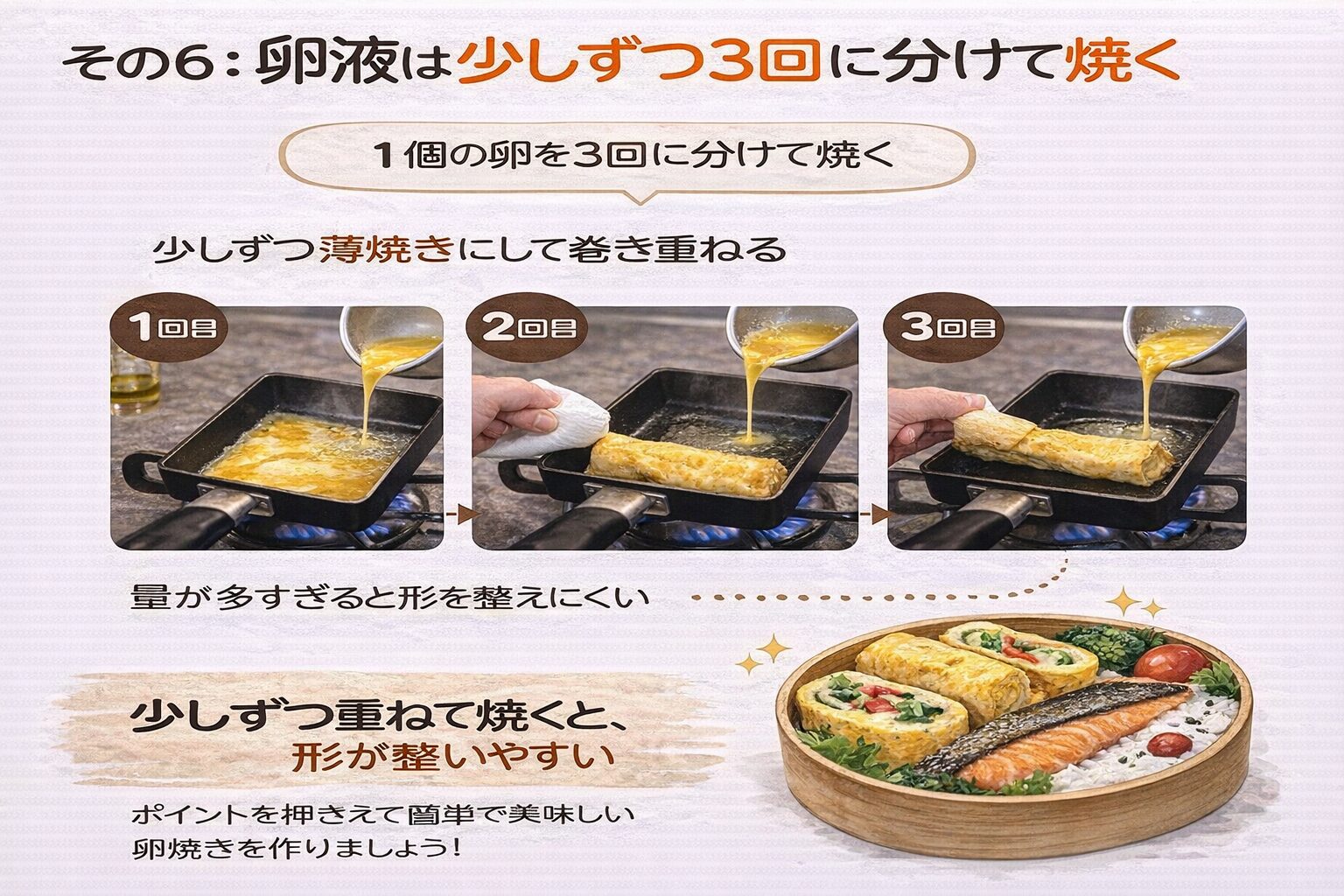 卵焼きは卵液を3回に分けて少しずつ焼き重ねる手順｜初心者でも形を整えやすくふっくら仕上げるコツ