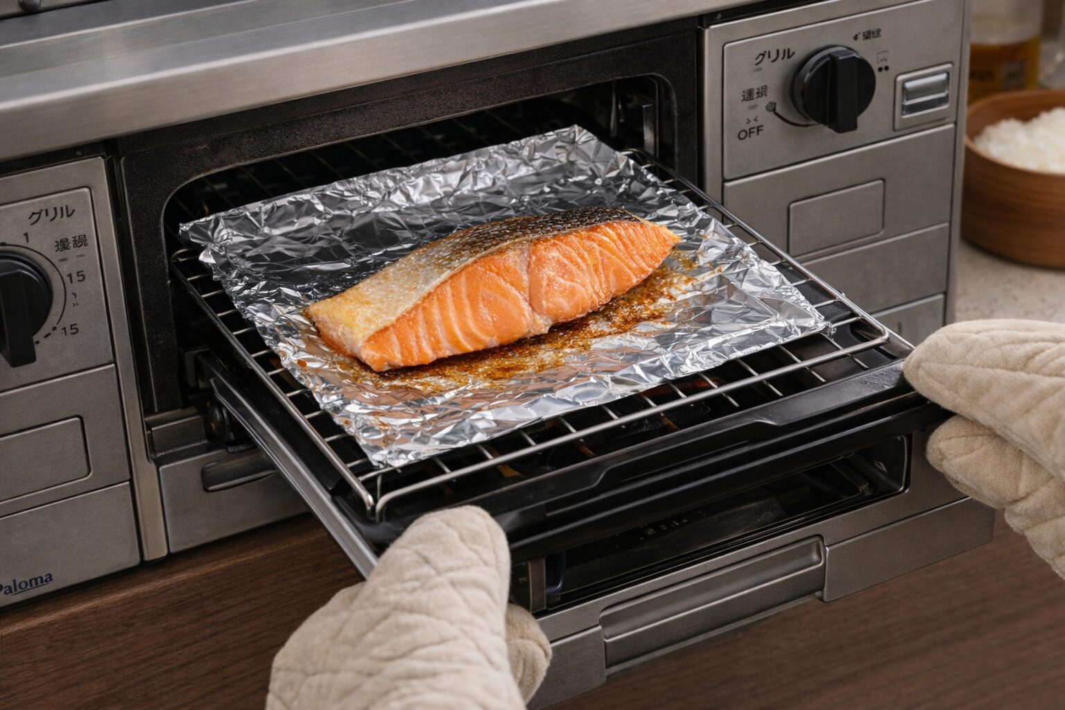 パロマ製ガスコンロのグリルでアルミホイルに乗せた鮭を焼いている調理シーン
