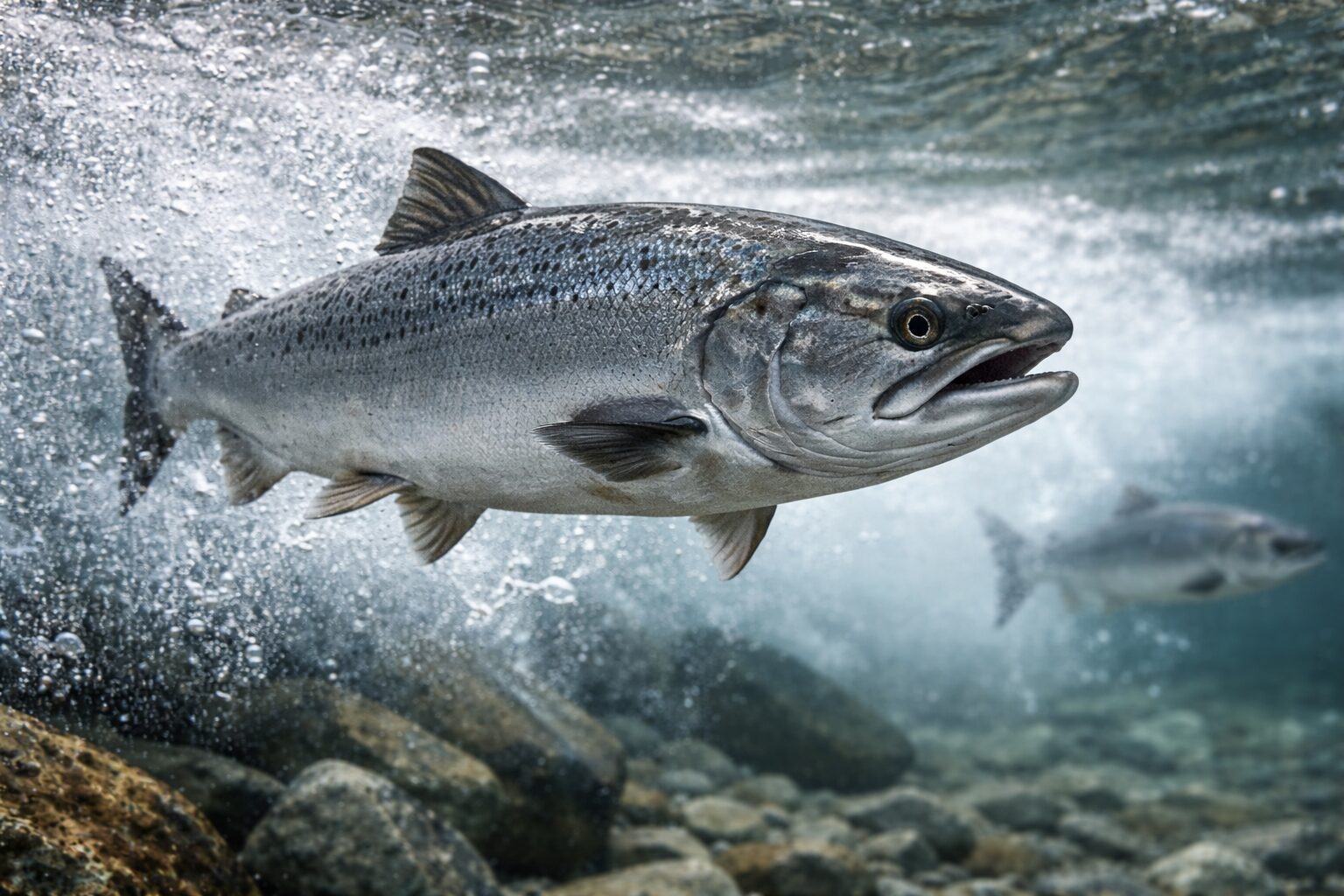 川の流れに逆らいながら力強く泳ぐ鮭のアップ写真