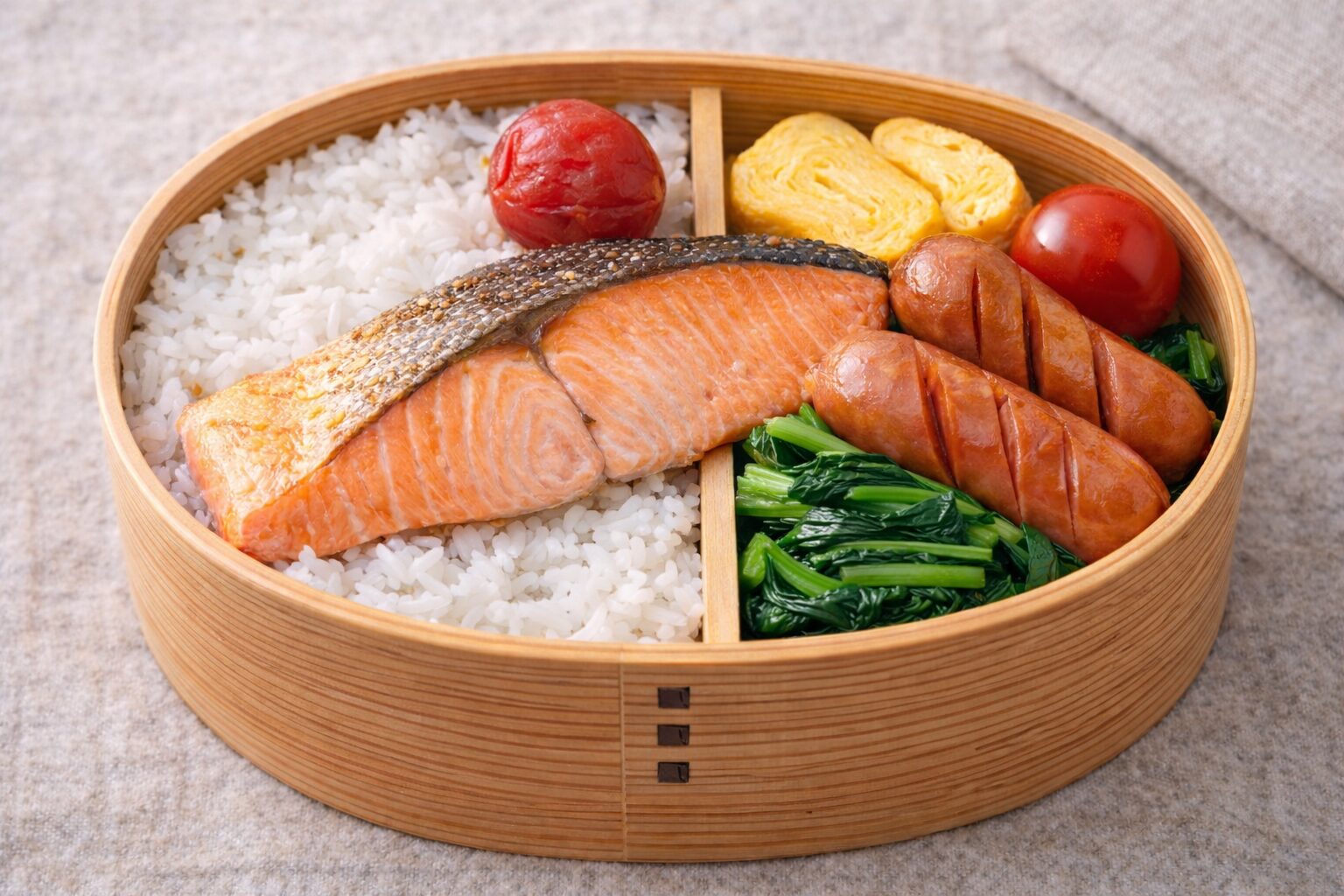 小判型の曲げわっぱ弁当に焼き鮭と梅干しのご飯と卵焼きやウインナー、野菜のおかずを詰めたお弁当