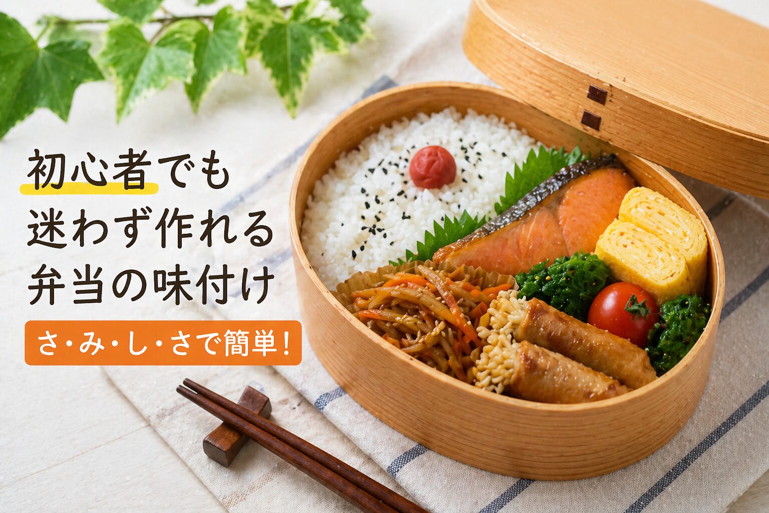 曲げわっぱ弁当の完成イメージ｜初心者でも「さみしさ（砂糖・みりん・醤油・酒）」で簡単に作れる彩り弁当