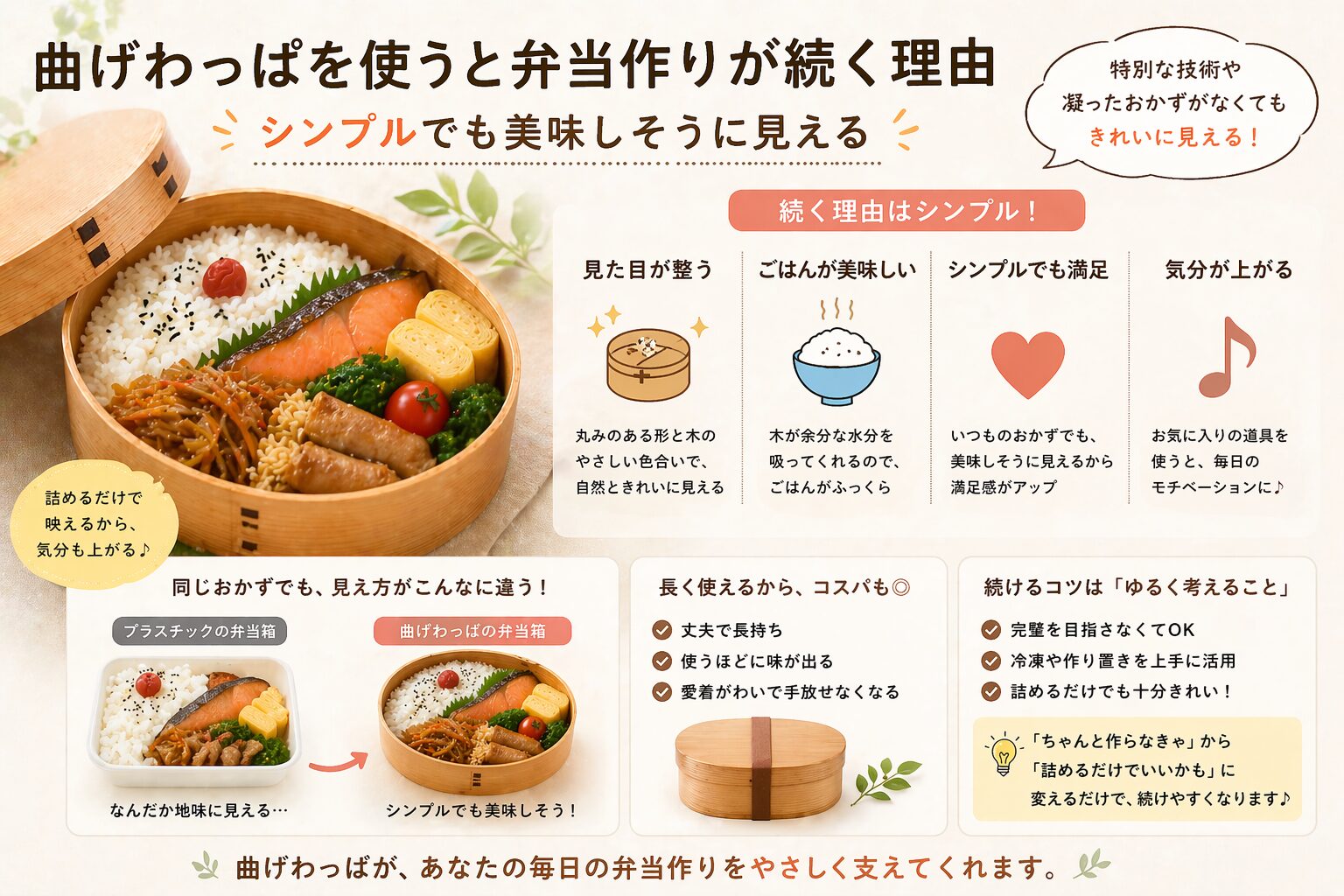 曲げわっぱ弁当箱のメリットを解説｜シンプルなおかずでも美味しそうに見えて弁当作りが続く理由を紹介した図解