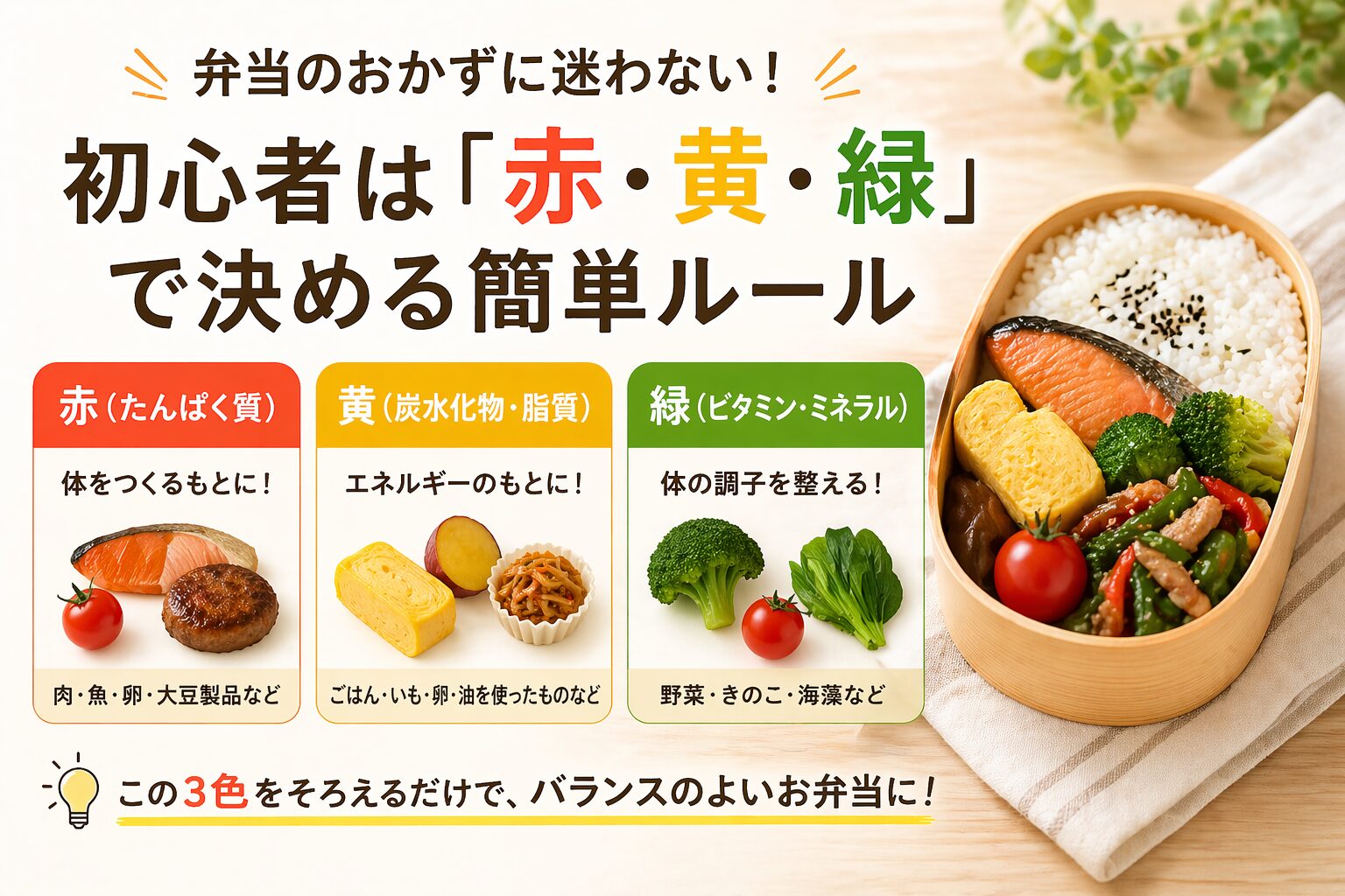 弁当のおかず選びに迷う初心者向けに赤・黄・緑の3色でバランスよく決める簡単ルールを図解と実例で分かりやすく紹介したリード用画像
