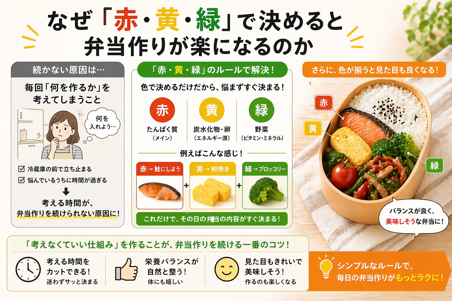 弁当作りが続かない原因と赤・黄・緑のルールでおかず選びが簡単になる仕組みを実例付きで分かりやすく解説した図解画像