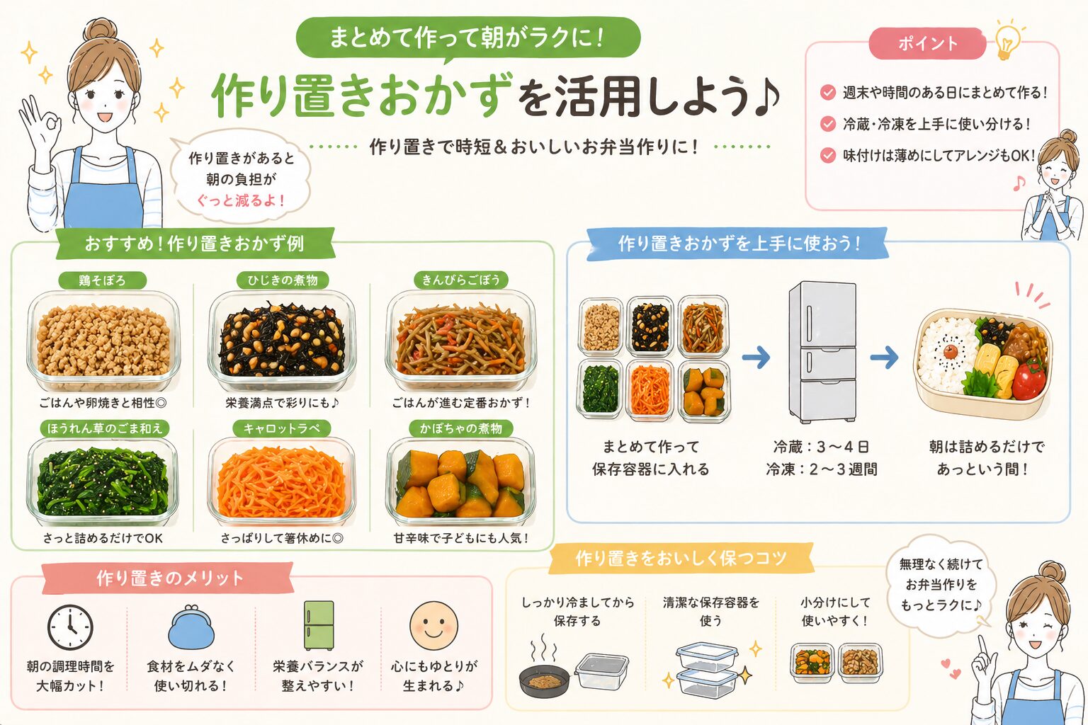 弁当作りの作り置きおかずを活用する方法を解説したイラスト｜まとめて調理して朝の負担を減らすコツを図解