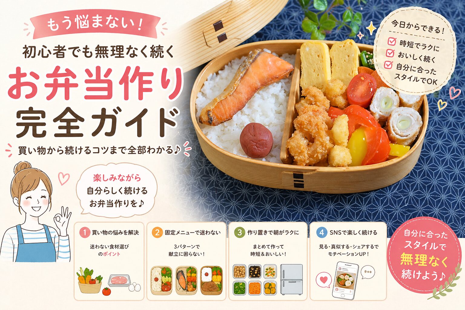 曲げわっぱ弁当の完成イメージを紹介するイラストと実写風画像｜初心者でも無理なく続けられるお弁当作りの理想例を解説