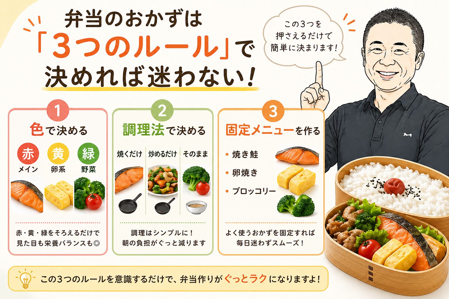 弁当のおかずは3つのルールで決める方法を図解した画像｜色・調理法・固定メニューで迷わない選び方