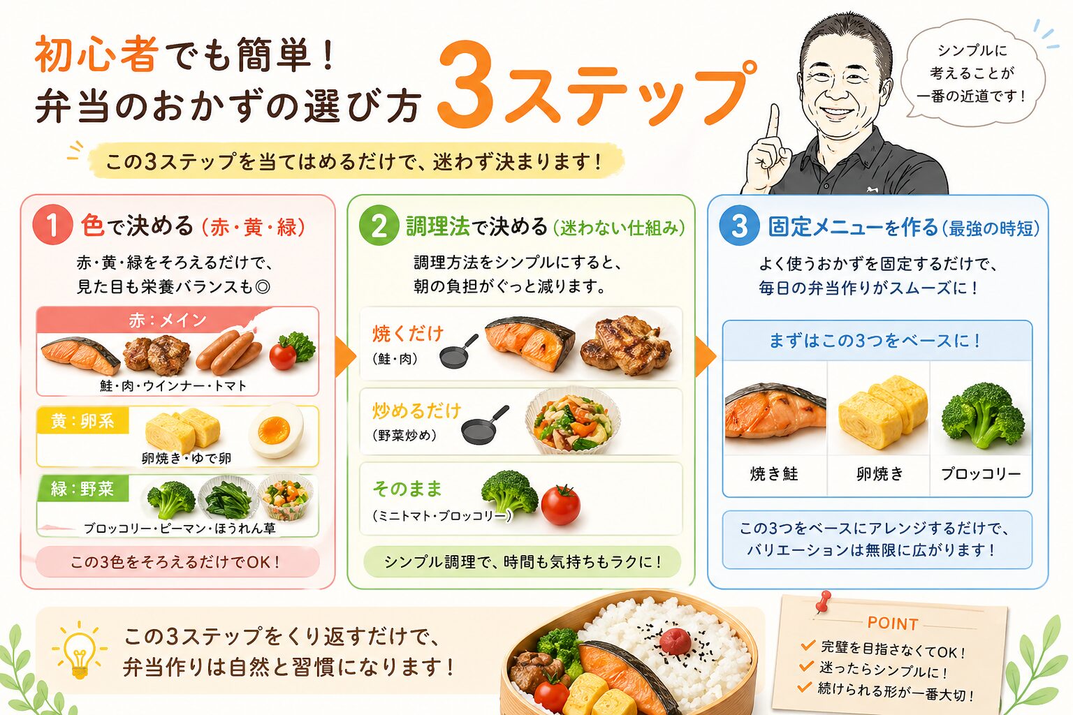 初心者でも簡単に弁当のおかずを決める3ステップを図解した画像｜色・調理法・固定メニューで迷わない方法