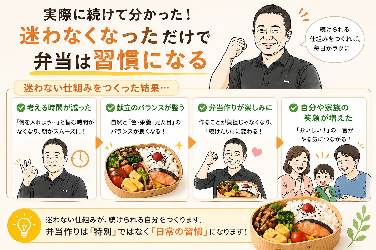 弁当作りが習慣になる変化を図解した画像｜迷わない仕組みで時短・バランス・楽しさが続く効果