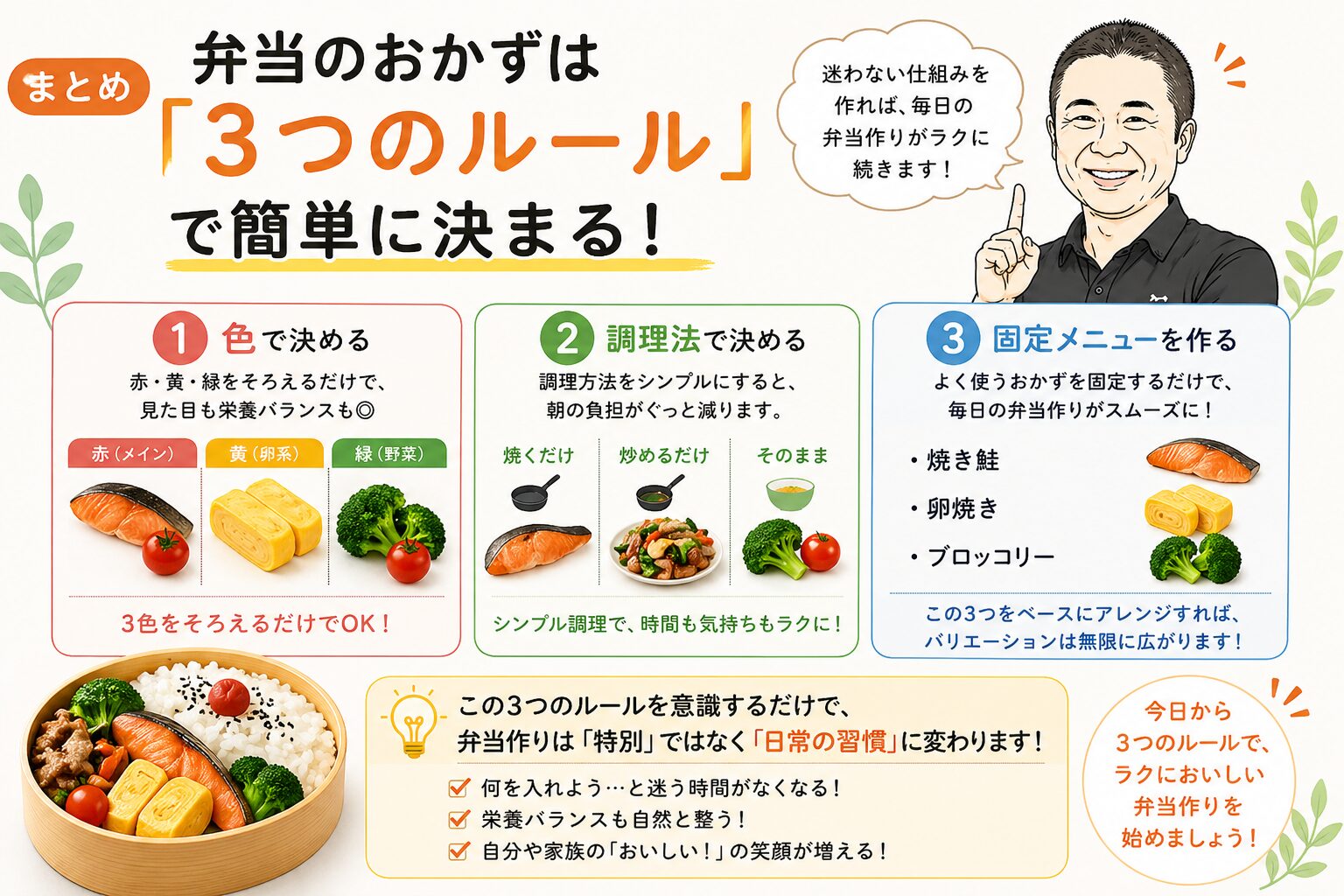 弁当のおかずは3つのルールで簡単に決まることをまとめた図解｜色・調理法・固定メニューで迷わない方法