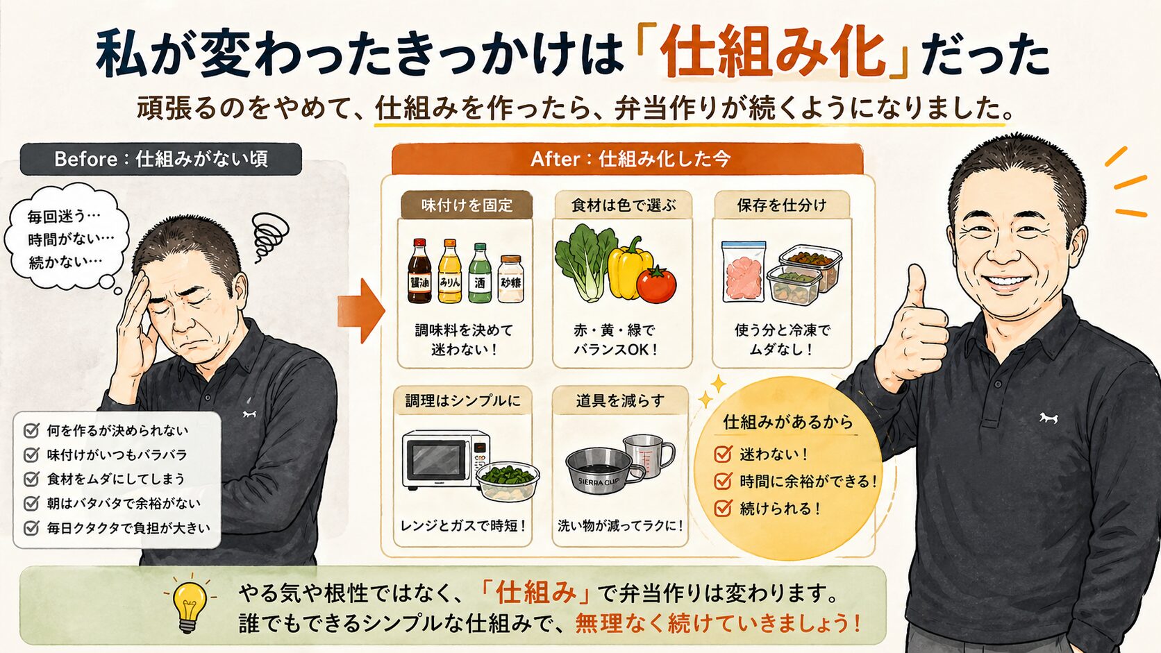 弁当作りが続かなかった人が仕組み化で変わった過程を図解した画像｜ビフォーアフターで分かる改善のポイント