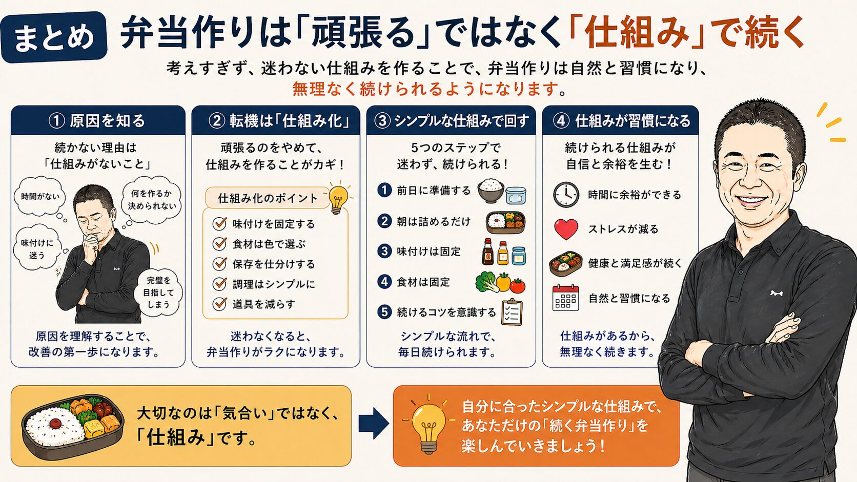 弁当作りは仕組みで続くことをまとめた図解画像｜原因・仕組み化・シンプルな手順で習慣化する方法