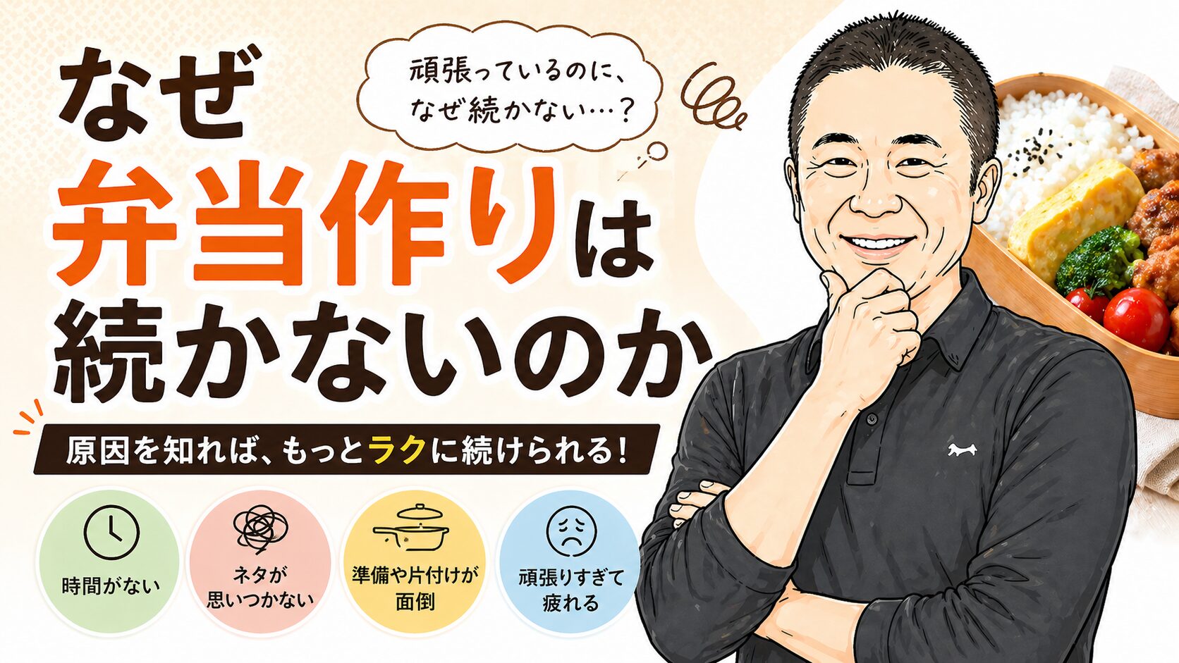弁当作りが続かない理由を解説するイラストで、悩む男性と弁当、時間不足やネタ切れなどの原因がアイコンで示されている画像