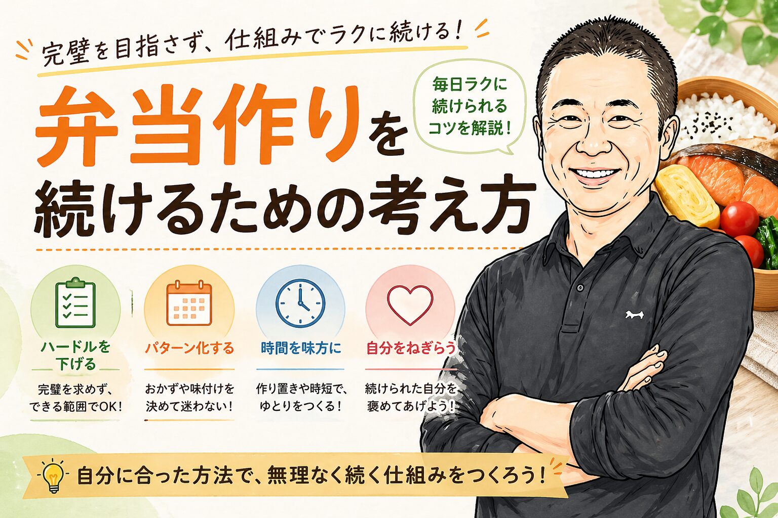 弁当作りを無理なく続ける考え方を解説するイラストで、笑顔の男性と「ハードルを下げる・パターン化・時間を味方に・自分をねぎらう」などのポイントが示された画像