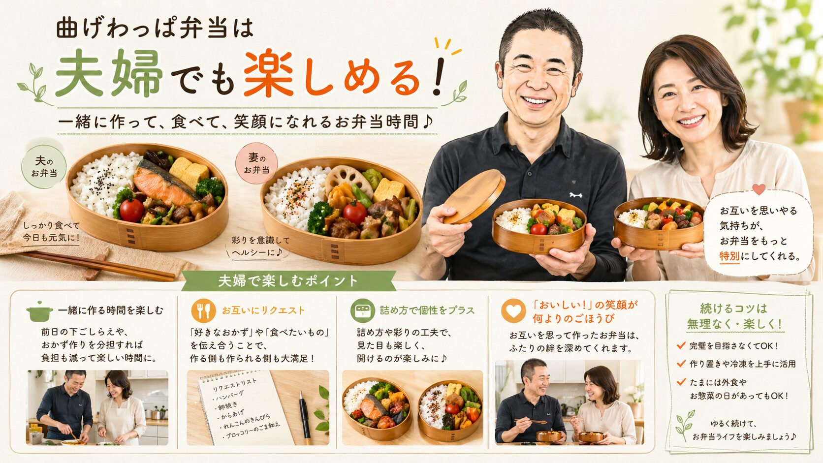 曲げわっぱ弁当を夫婦で作って楽しむ様子と、お互いに作ったお弁当を並べた温かい雰囲気のイメージ画像