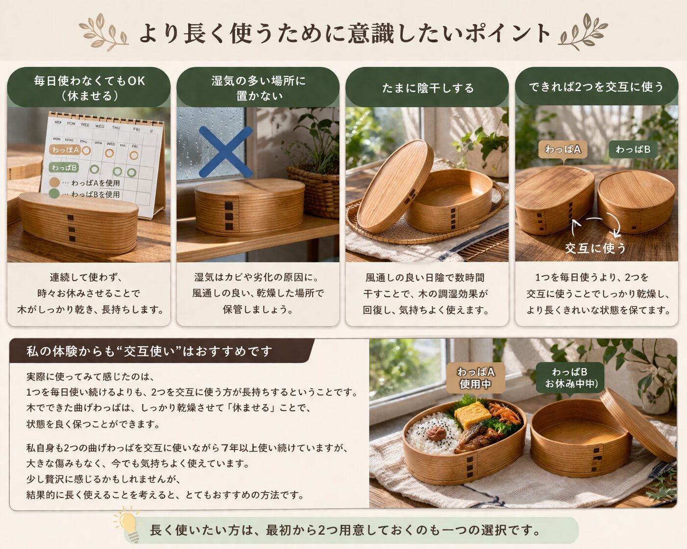 曲げわっぱ弁当の手入れイメージ