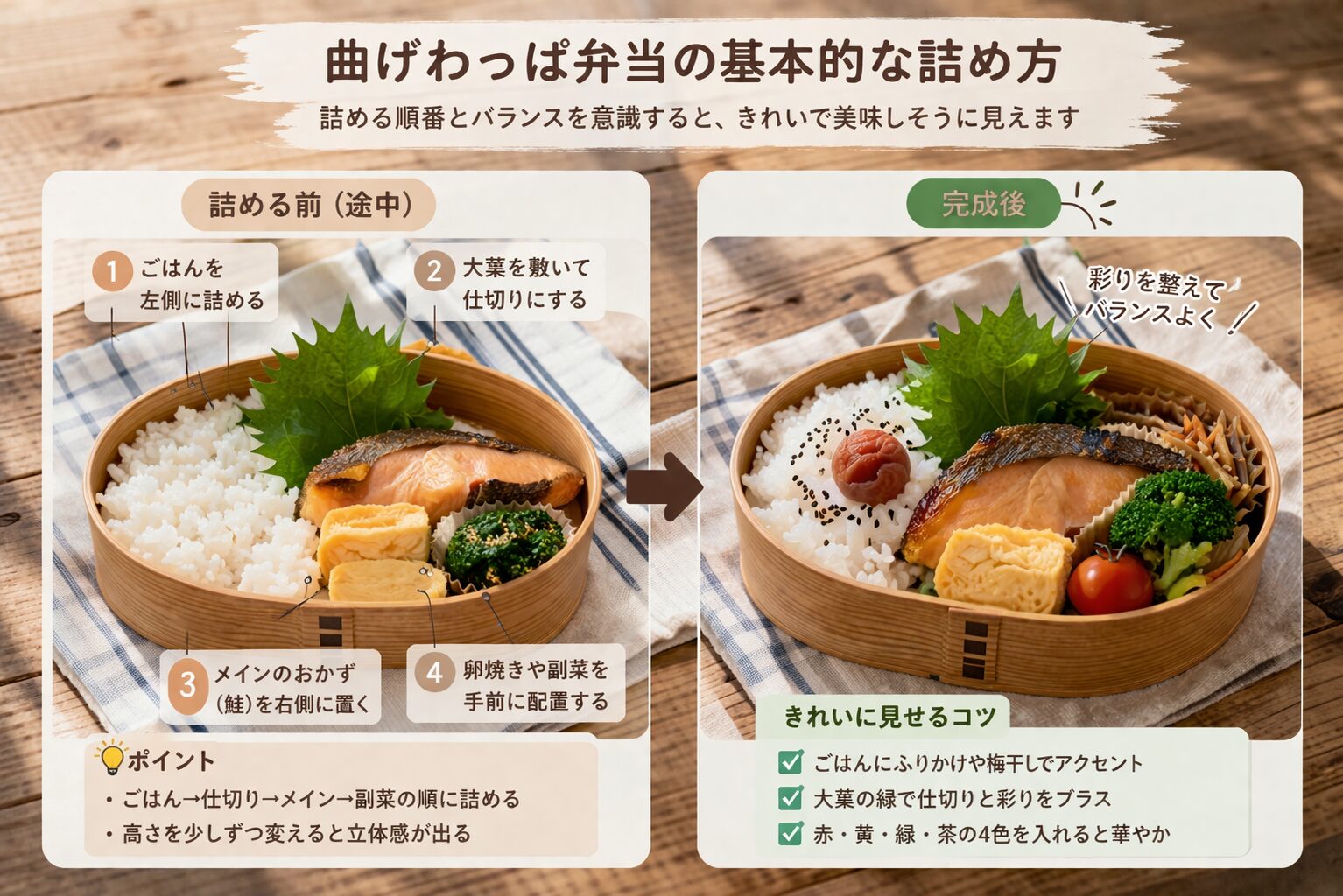 曲げわっぱ弁当の詰め方ガイド