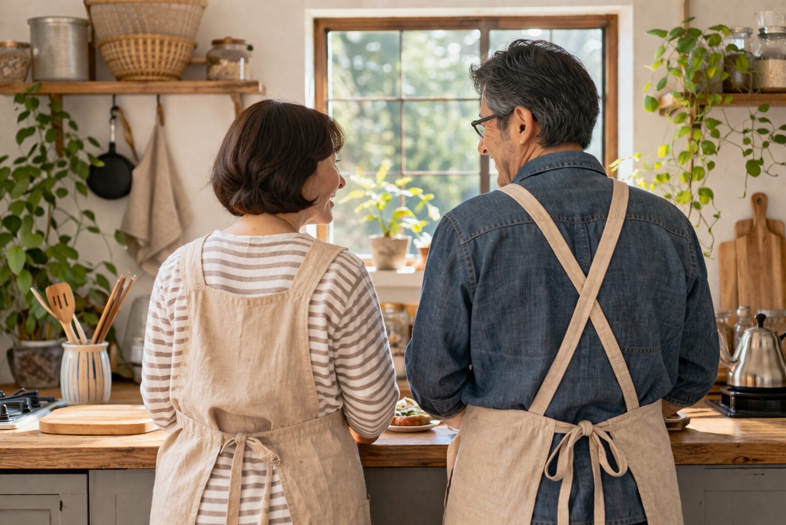 温かなキッチンで微笑む二人