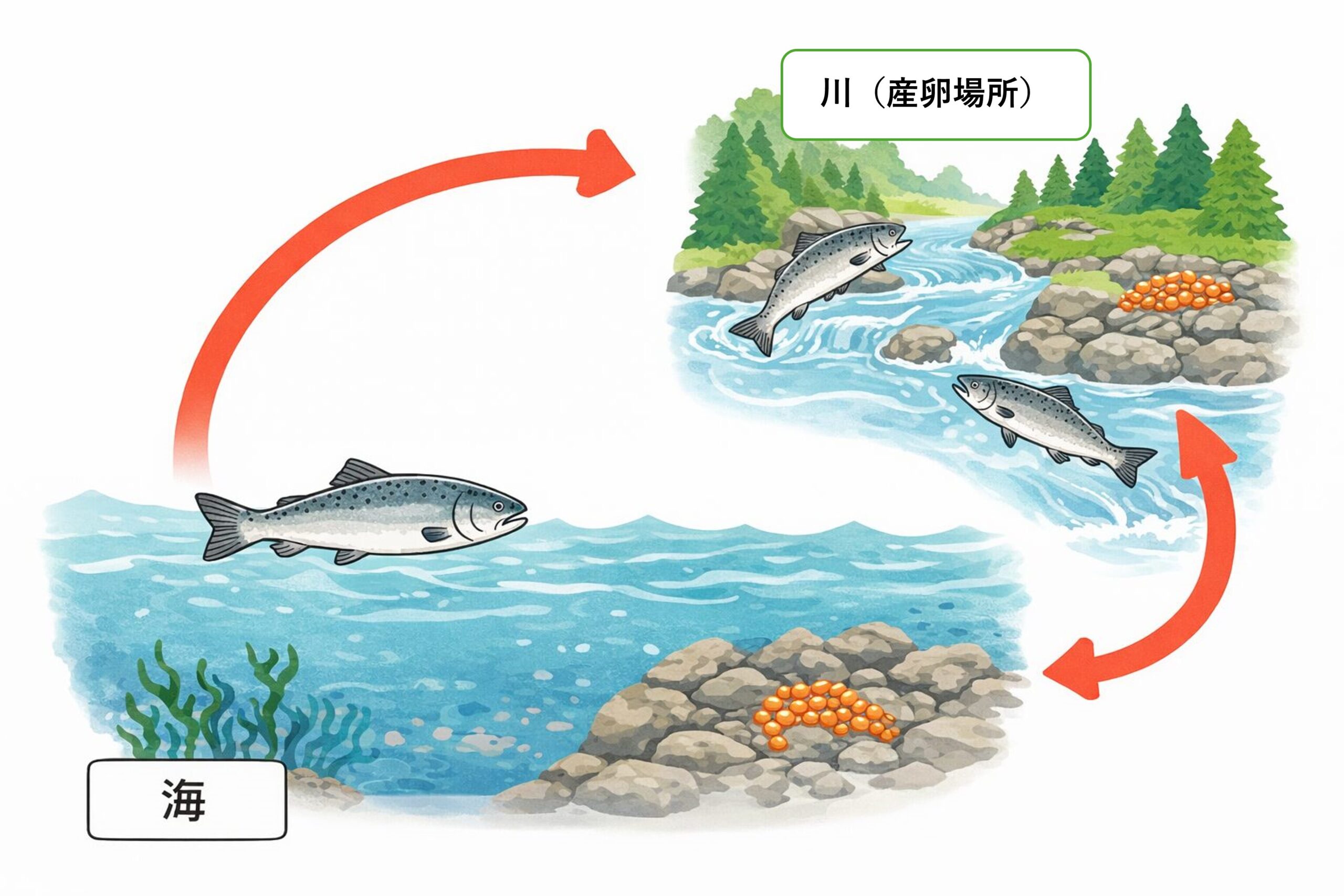 鮭が海から川へ遡上し産卵するまでの回遊ルートを示した図解